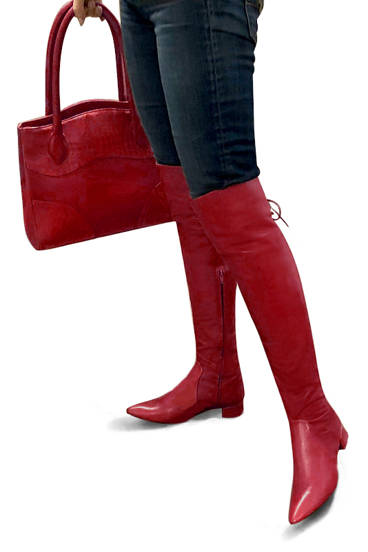 Cardinal red women's leather thigh-high boots. Tapered toe. Low flare heels. Made to measure. Worn view - Florence KOOIJMAN